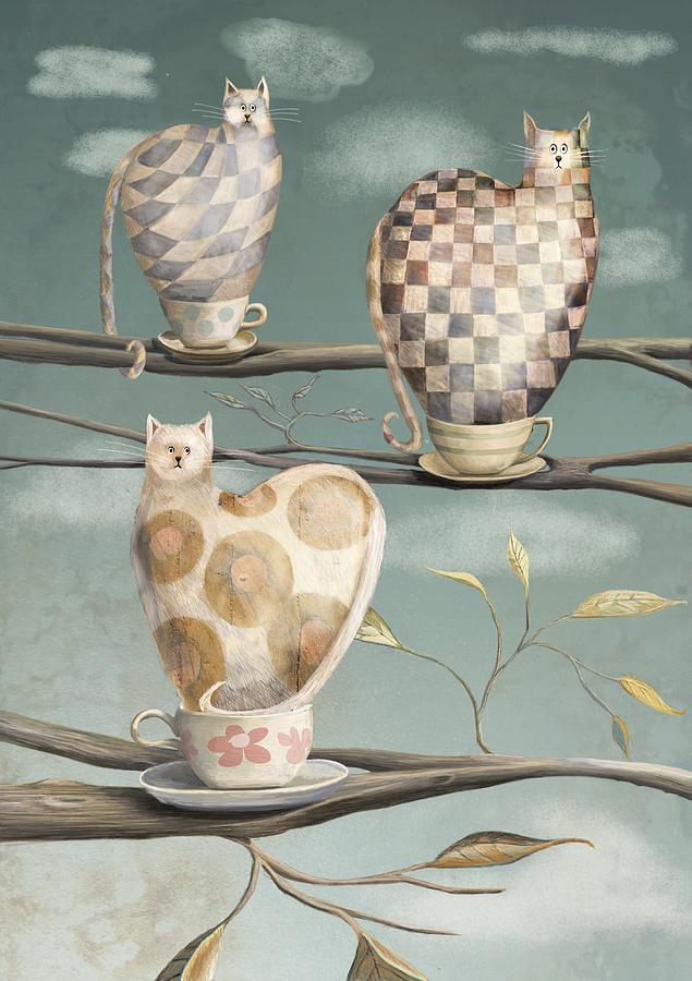 Cat Digital Art - Cats in Cups by Catherine Swenson