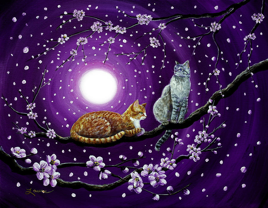 Cat Painting - Cats in Dancing Cherry Blossoms by Laura Iverson
