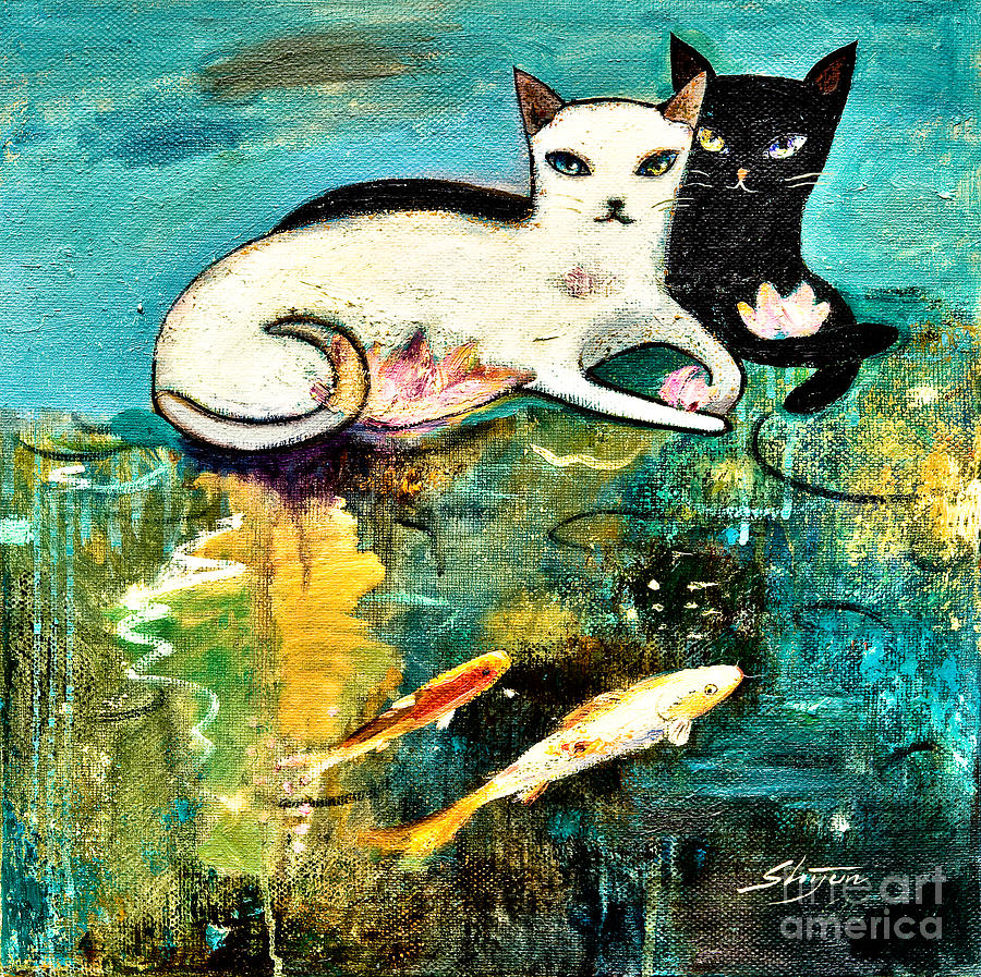 Cats with koi Painting by Shijun Munns