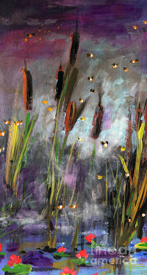 Cattails and Fireflies Painting by Ginette Callaway