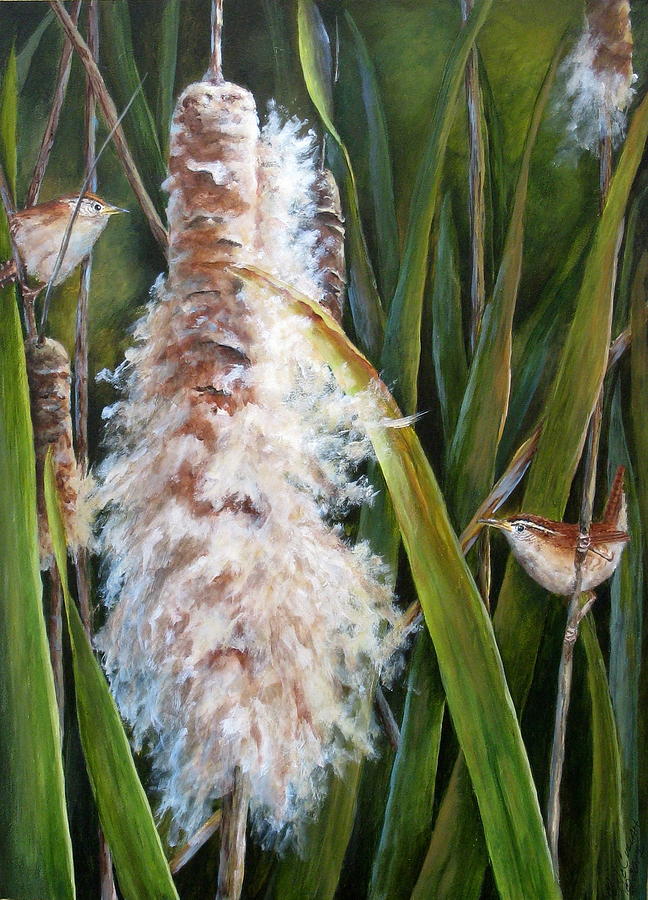 Cattails and Wrens Painting by Mary McCullah