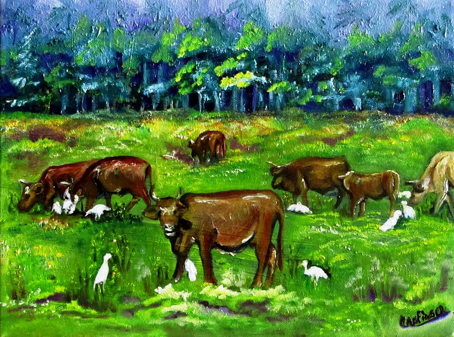 Cattle Grazing with Egrets Painting by Carol Allen Anfinsen