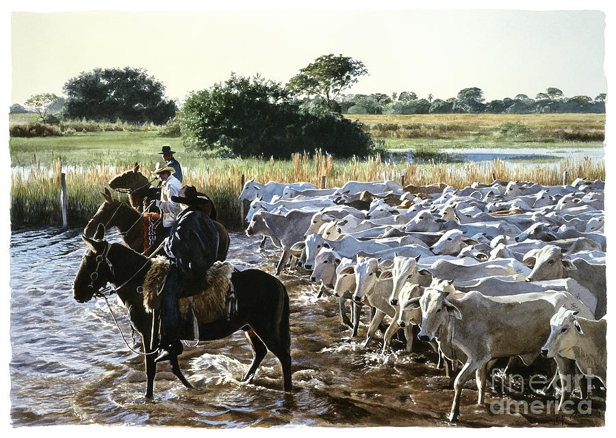 Tree Painting - Cattle in Pantanal by Jorge Eduardo