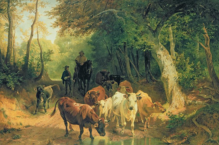 Cow Painting - Cattle watering in a wooded landscape by Friedrich Johann Voltz