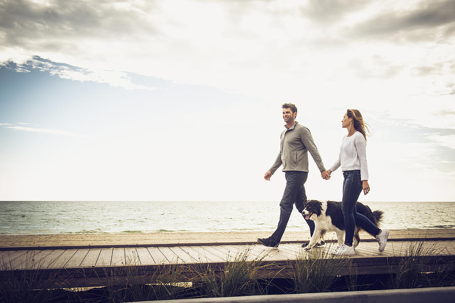 Caucasian couple walking on boardwalk with the dog Photograph by Jacobs Stock Photography Ltd