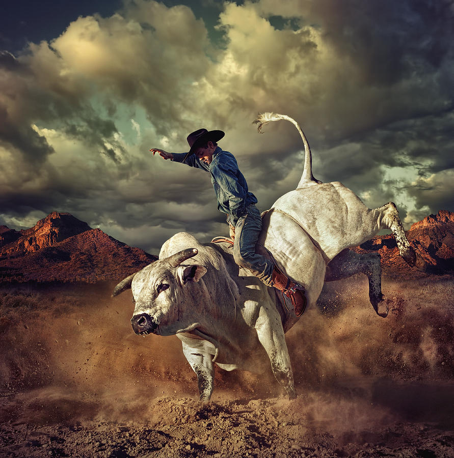 Caucasian cowboy riding bucking bull in desert Photograph by Chris Clor