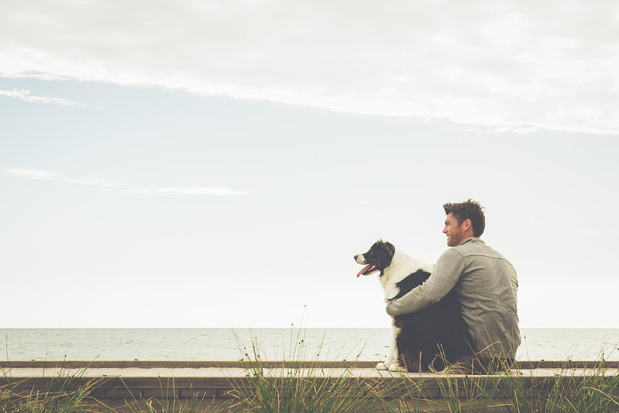 Caucasian man and dog sitting on boardwalk Photograph by Jacobs Stock Photography Ltd