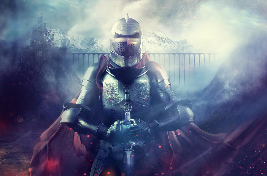 Caucasian warrior wearing armor and cape on foggy battlefield Photograph by Colin Anderson Productions Pty Ltd