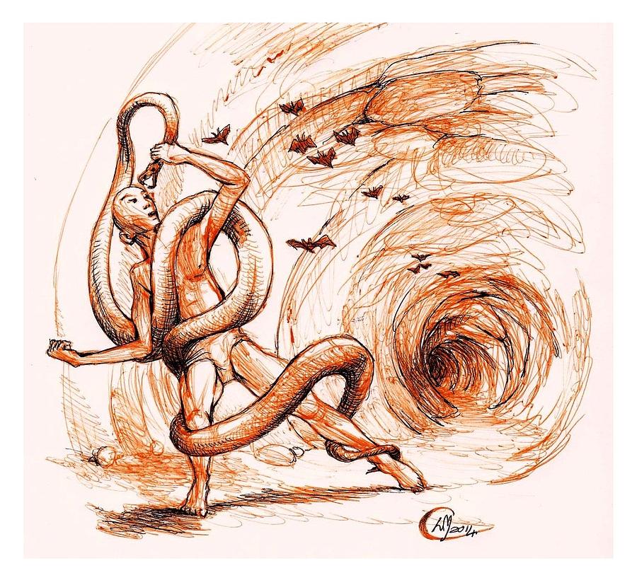 Snake Drawing - Cave Wrestle by Libo Mahlati