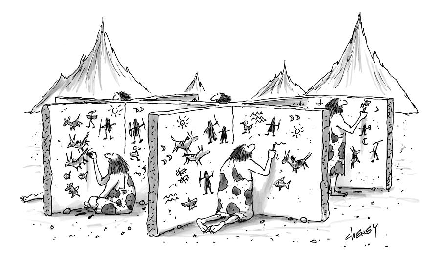 Cavemen Are Seen Carving Into Walls In The Form Drawing by Tom Cheney