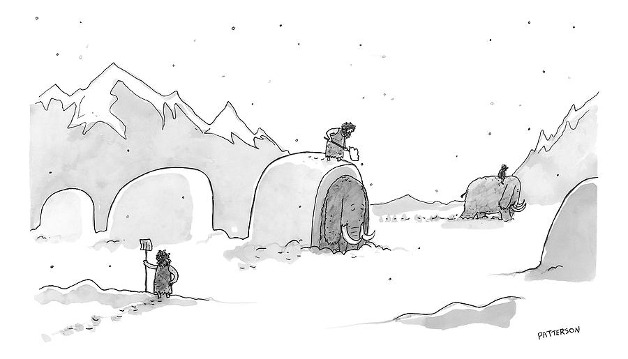 Cavemen Shoveling Out Their Woolly Mammoths Drawing by Jason Patterson
