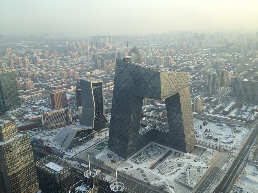 Architecture Photograph - CCTV Building Beijing Dec 2012 snow by Eugene Evon