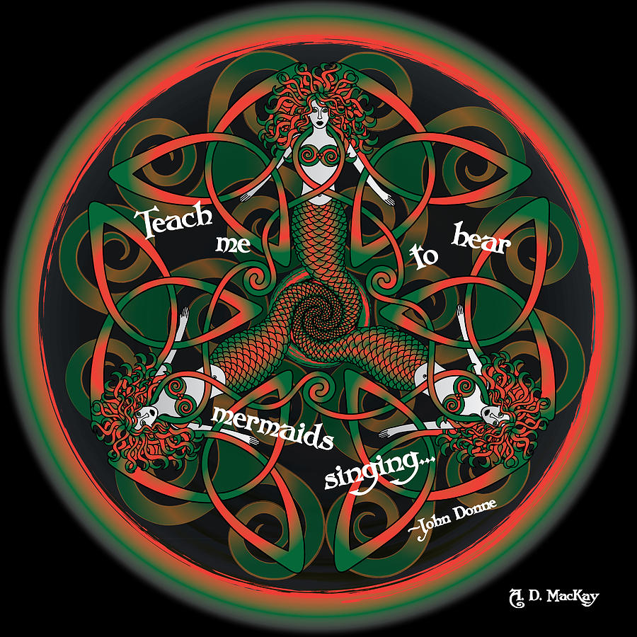 Mermaid Digital Art - Celtic Mermaid Mandala in Orange and Green by Celtic Artist Angela Dawn MacKay