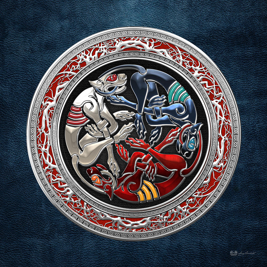 Celtic Treasures - Three Dogs on Silver and Blue Leather Digital Art by Serge Averbukh