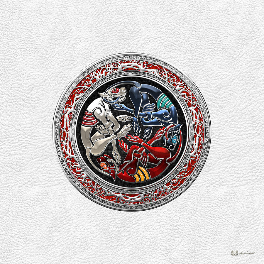 Celtic Treasures - Three Dogs on Silver and White Leather Digital Art by Serge Averbukh