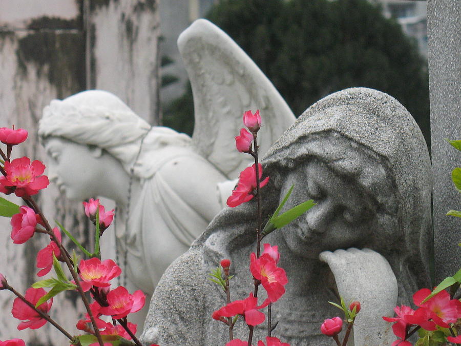 Cemetery Stone Angels And Flowers Photograph