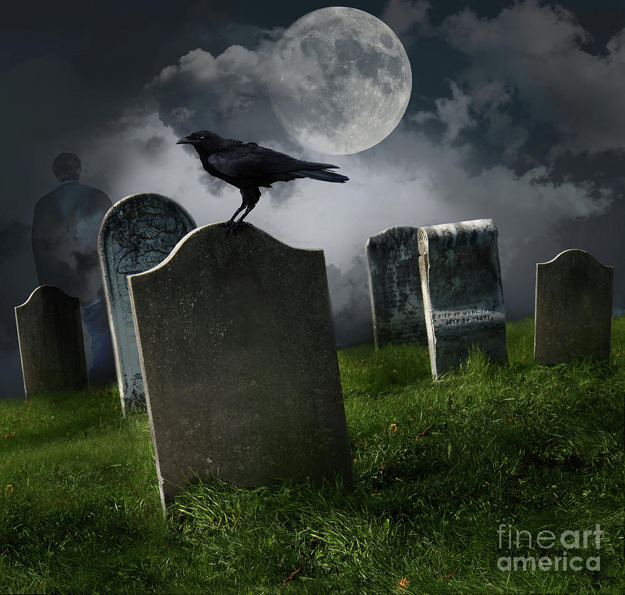 Crow Photograph - Cemetery with old gravestones and moon by Sandra Cunningham