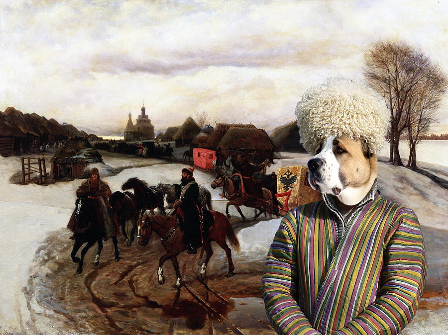 Central Asian Shepherd Dog Art Canvas Print - The Russian landscape with figures Painting by Sandra Sij