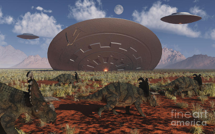 Centrosaurus Dinosaurs Walk Past A Ufo Digital Art by Mark Stevenson ...