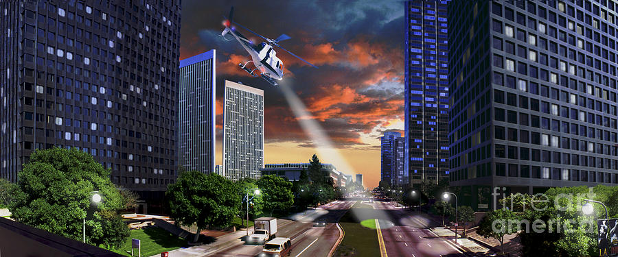 Los Angeles Photograph - Century City Los Angeles CA Panorama Helicopter with Search Light on  by David Zanzinger