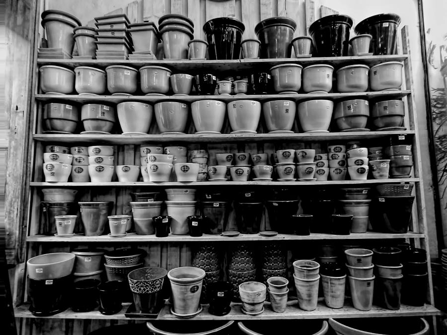 Ceramic Pots for Sale BW Photograph by Cathy Anderson