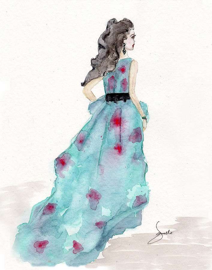 Watercolor Mixed Media - Cerulean Blue Fashion Sketch Dress by Janelle Nichol