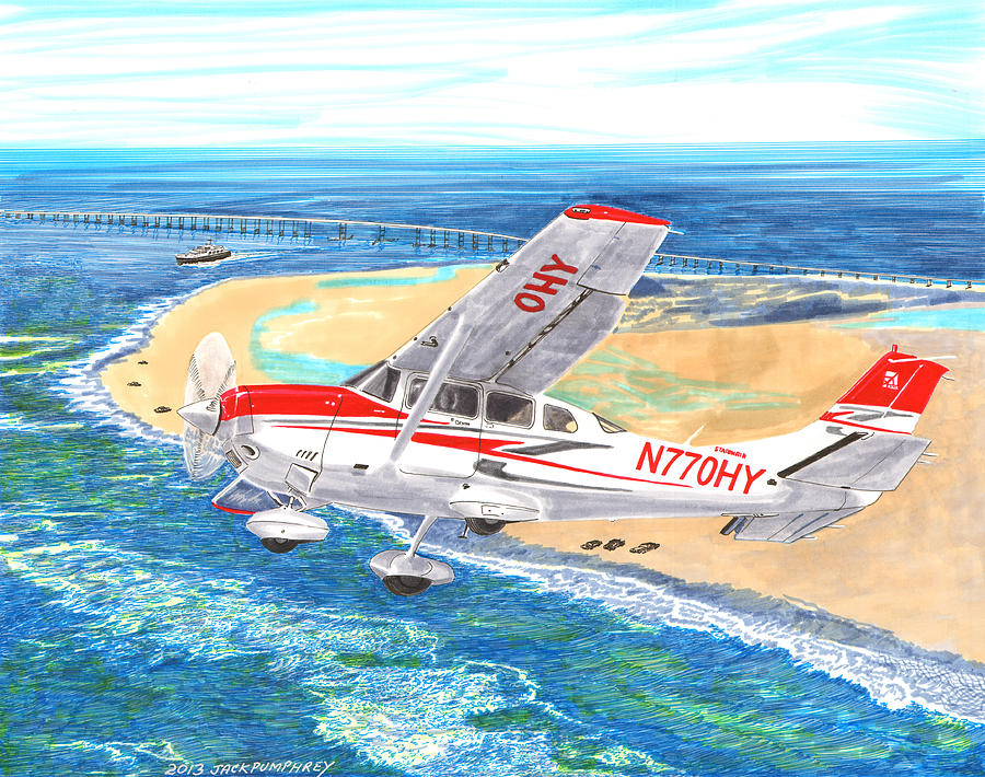 Cessna 206 flying over the outer banks Painting by Jack Pumphrey