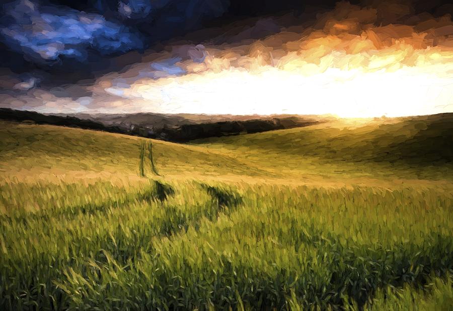 Summer Photograph - Cezanne style digital painting Summer landscape image of wheat field at sunset with beautiful l by Matthew Gibson