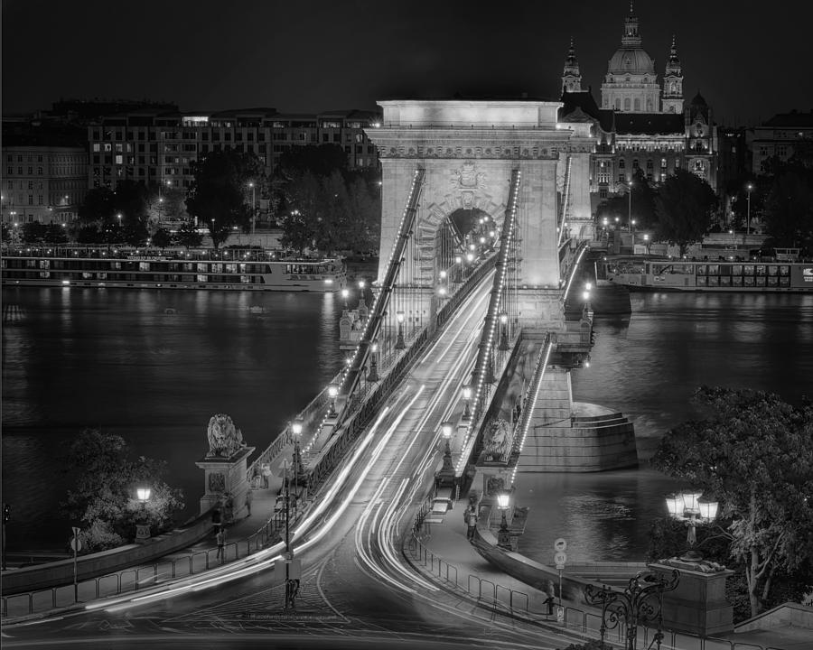 Chain Bridge Night Traffic Bw Photograph
