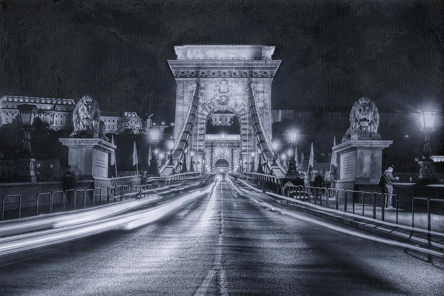 Architecture Photograph - Chain Bridge Night Traffic BWII by Joan Carroll