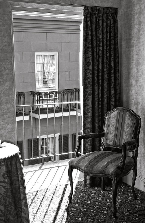 Chair at Balcony in Black and White Photograph by Greg and Chrystal Mimbs
