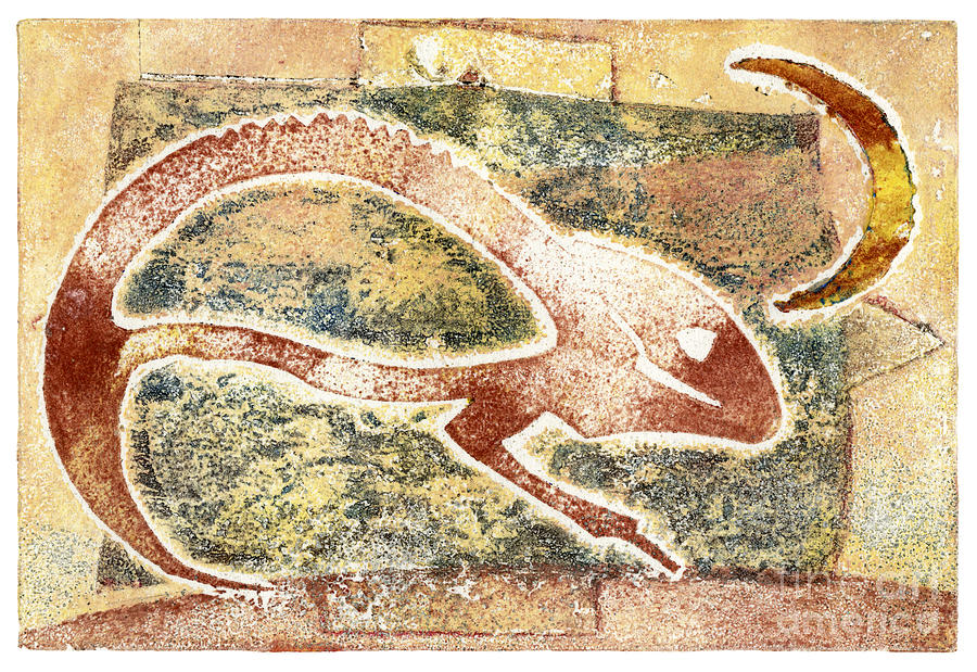 Chamaeleon - Reptile - Monotype - Camouflage - Half Moon - Mimes - Fine Art Print - Stock IImage Painting by Helga Pohlen  Urft Valley Art