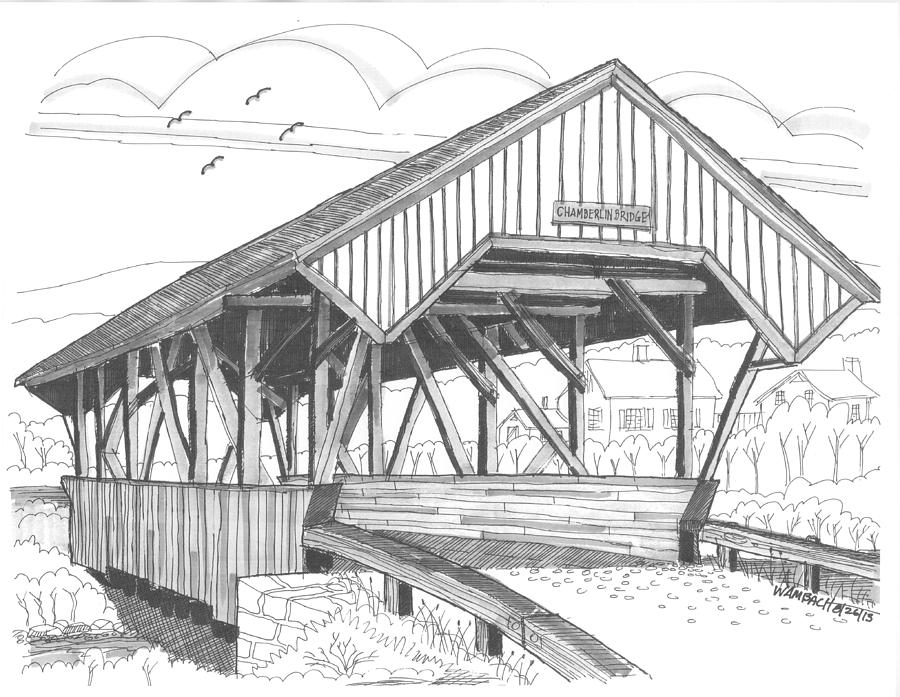 Chamberin Mill Covered Bridge Drawing by Richard Wambach