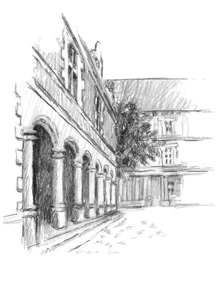 Premium Vector  A quick pencil sketch of a classic victorian brick  building with wrought iron gates to the courtyard