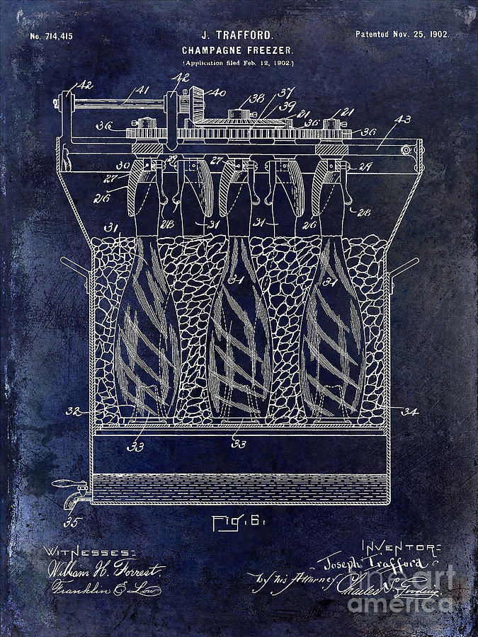 Vintage Photograph - Champagne Bottle Freezer Patent 1902 Blue by Jon Neidert