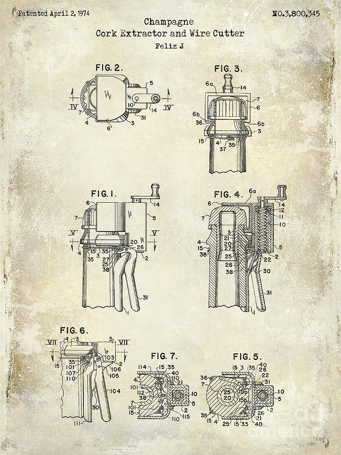 Vintage Photograph - Champagne  Cork Extractor and Wire Cutter Patent Drawing by Jon Neidert