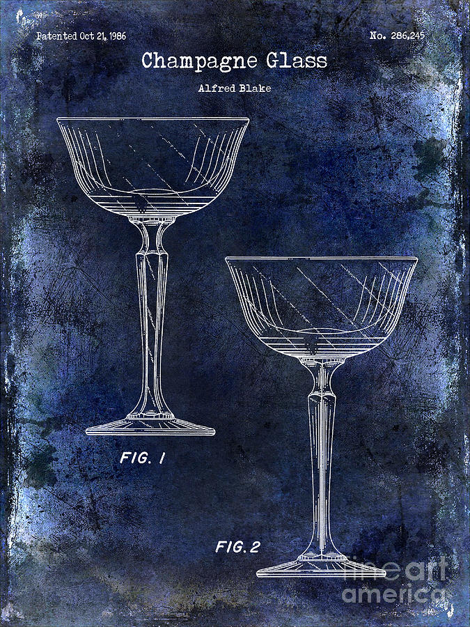 Vintage Photograph - Champagne Glass Patent Drawing Blue by Jon Neidert