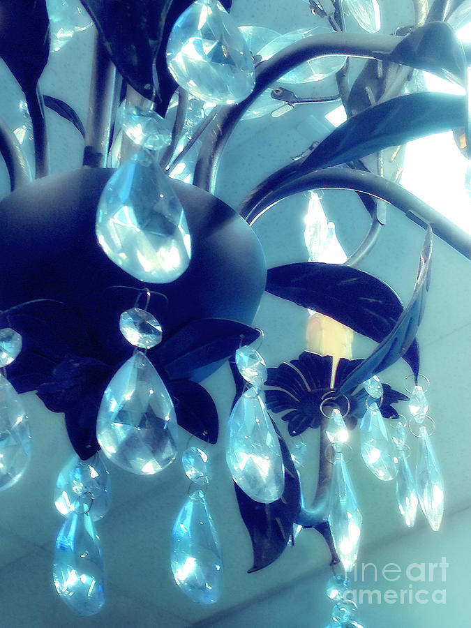 Chandeliers Photograph - Chandelier Photo - Ethereal Dreamy Surreal Blue Teal Aqua Sparkling Chandelier Crystals by Kathy Fornal