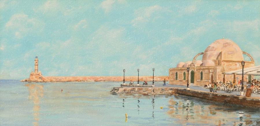 Chania harbour and Mosque in January Painting by David Capon