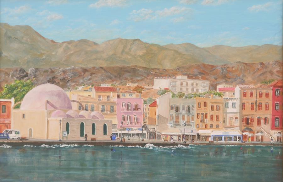 Chania harbour early summer morning Painting by David Capon
