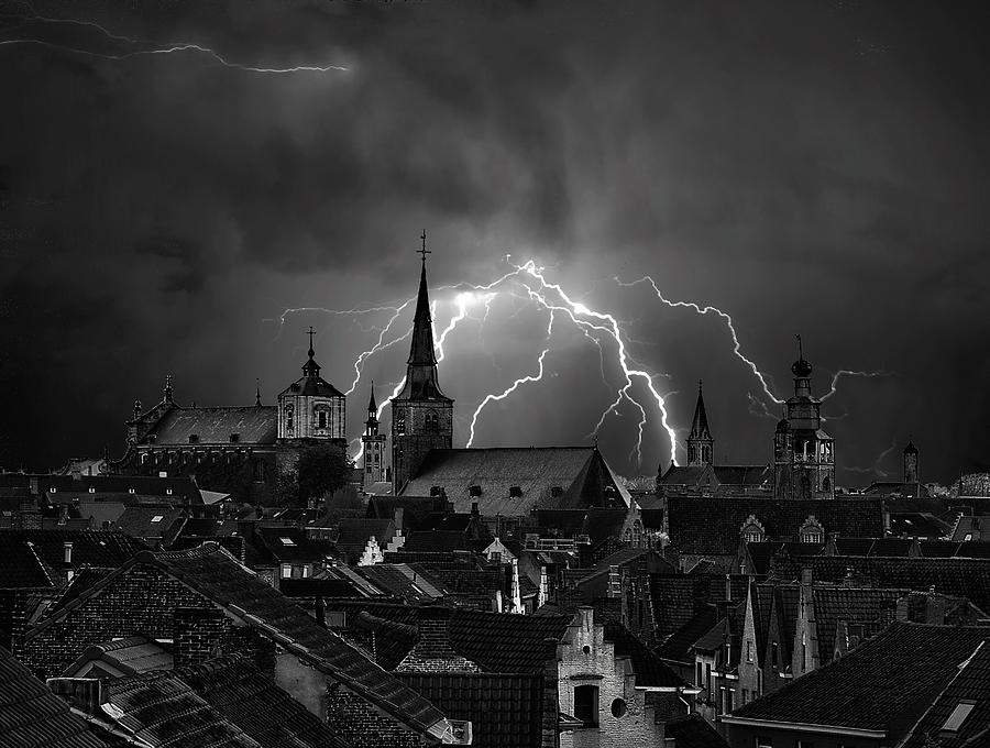 Black And White Photograph - Chaos In The Sky Of Bruges by Yvette Depaepe