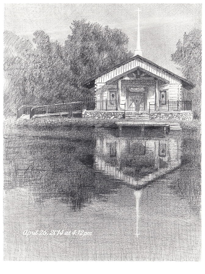 Chapel On A Lake Pencil Portrait Drawing by Mike Theuer Chapel On A Lake Pencil Portrait Drawing by Mike Theuer