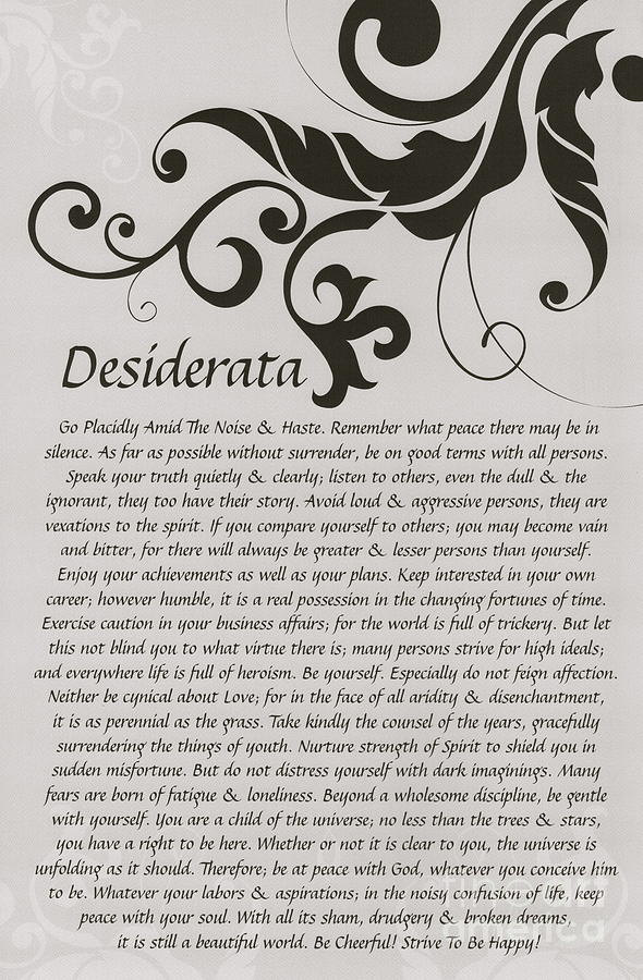 Inspirational Drawing - CharcoalTypography Art Desiderata with Flourish by Desiderata Gallery