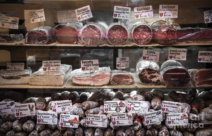 Meat Photograph - Charcuterie on display in butcher shop in old Nice by Elena Elisseeva