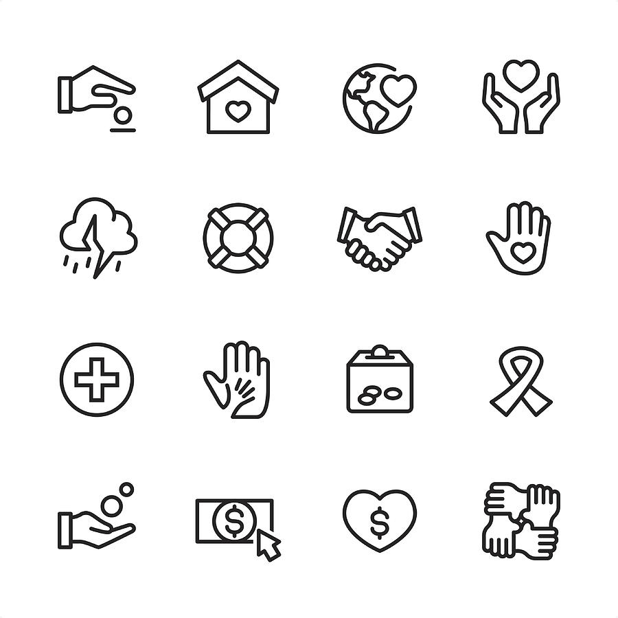 Charity & Relief Work - outline style vector icons Drawing by Lushik
