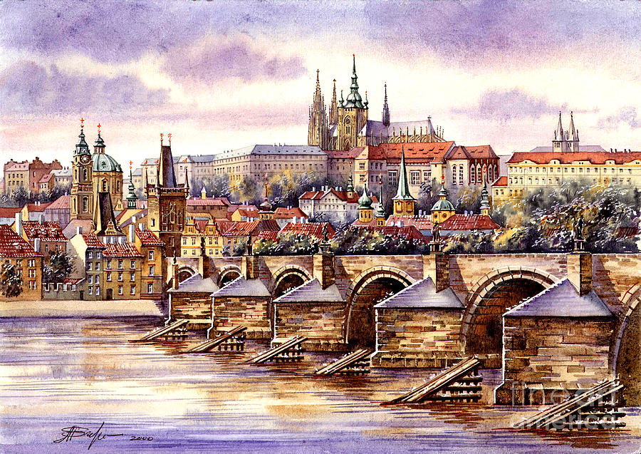 Cards Painting - Charles bridge and Castle  by Michael Egorkin