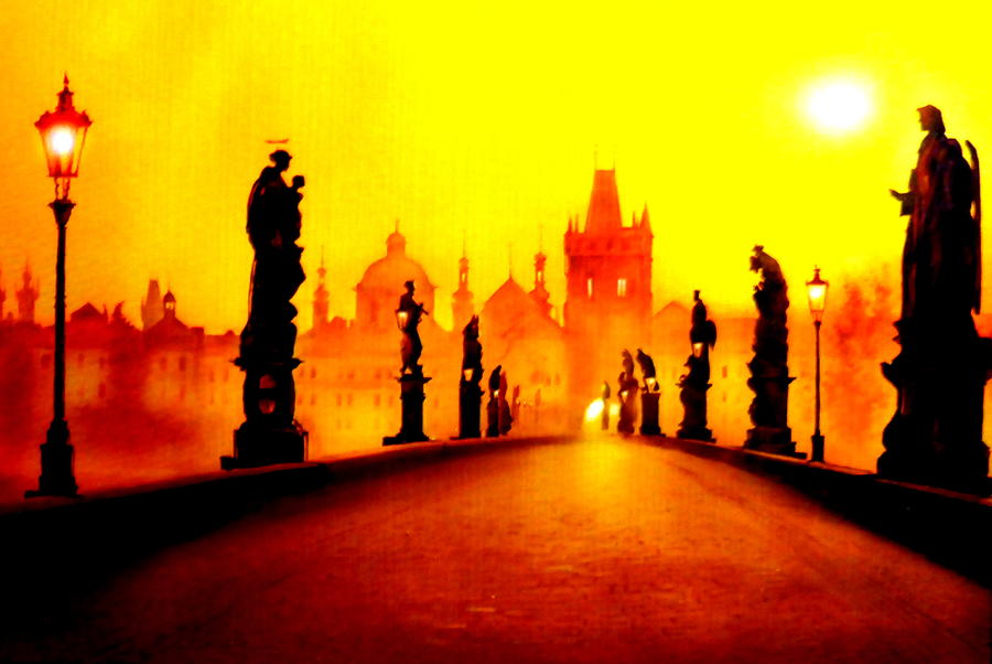 Sunset Mixed Media - Charles Bridge in Prague by Angel One