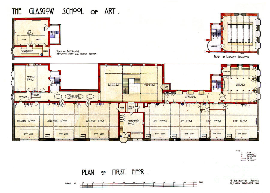 Charles Rennie Mackintosh Drawing - Charles  Rennie Mackintosh Glasgow School of Art Plan of First Floor by Elaine MacKenzie