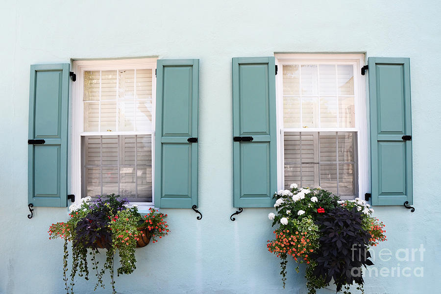 Charleston Aqua Teal French Quarter Rainbow Row Flower Window Boxes Photograph by Kathy Fornal