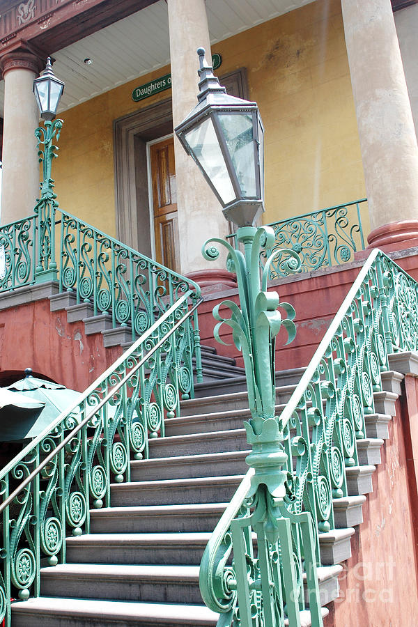 Charleston Aqua Teal French Quarter Staircase - Charleston Architecture  Photograph by Kathy Fornal
